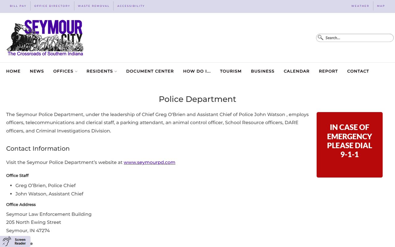 Seymour Law Enforcement Building police department page for custody routing records
